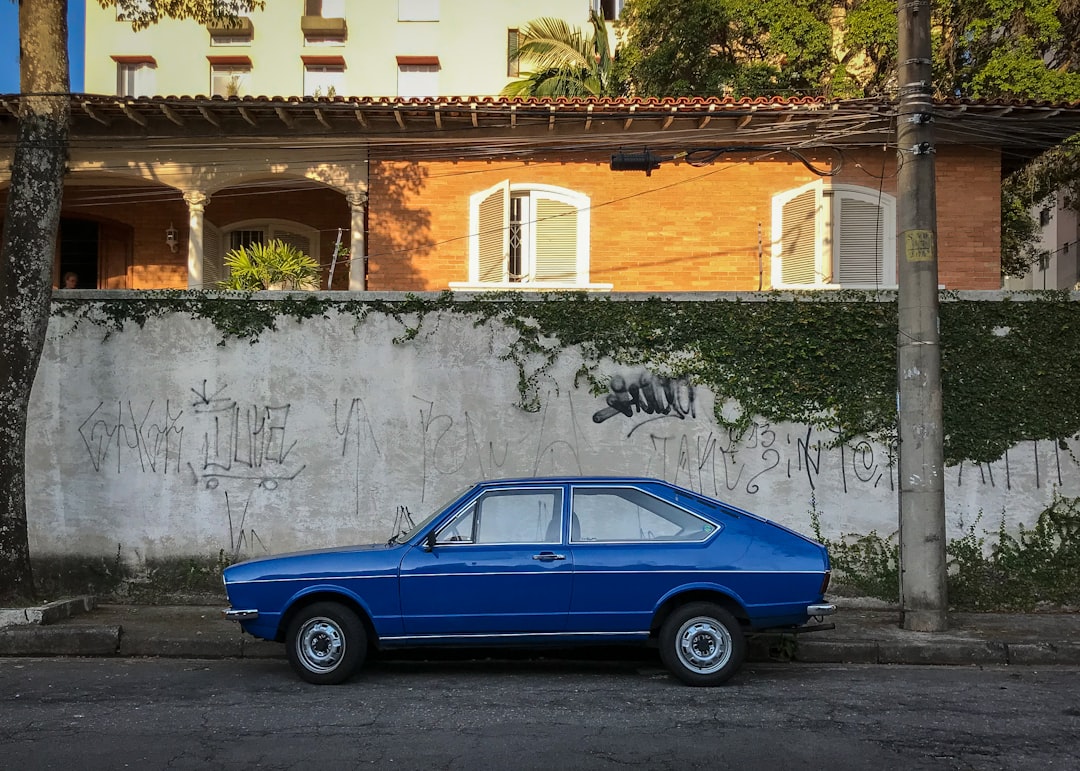 Carro azul estacionado em rua de bairro no Brasil